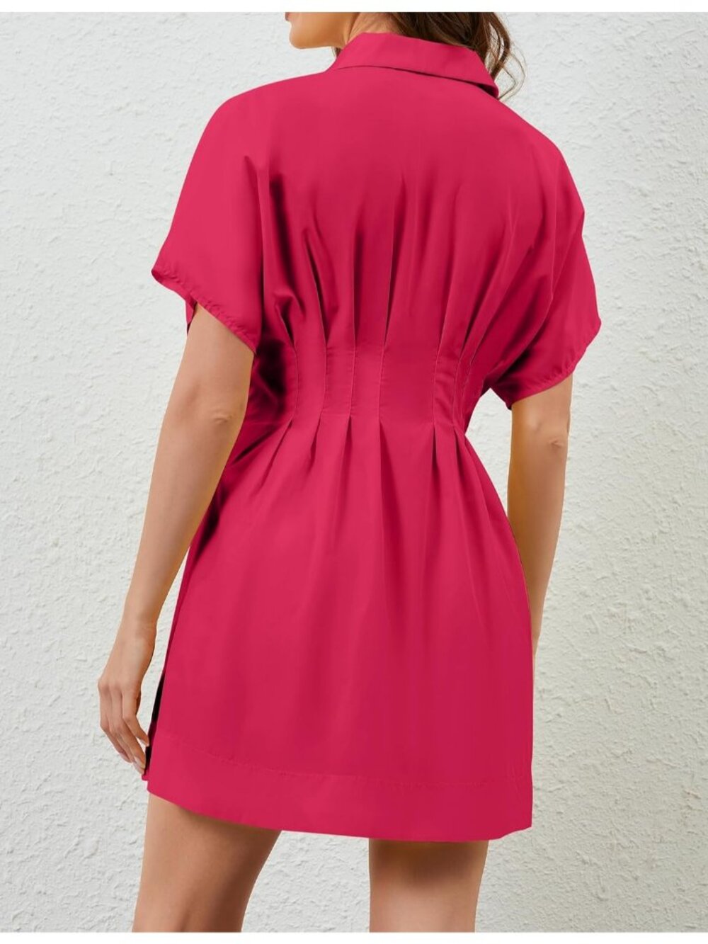 Women's Rose Button Down Short Sleeve Causal A Line Flowy Pleated Mini Dress - Picture 6 of 6